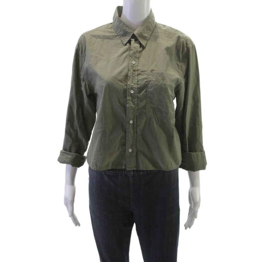 Amo Women Collared Button-Up 100% Pima Cotton Top Green 3/4 Sleeve Size XS